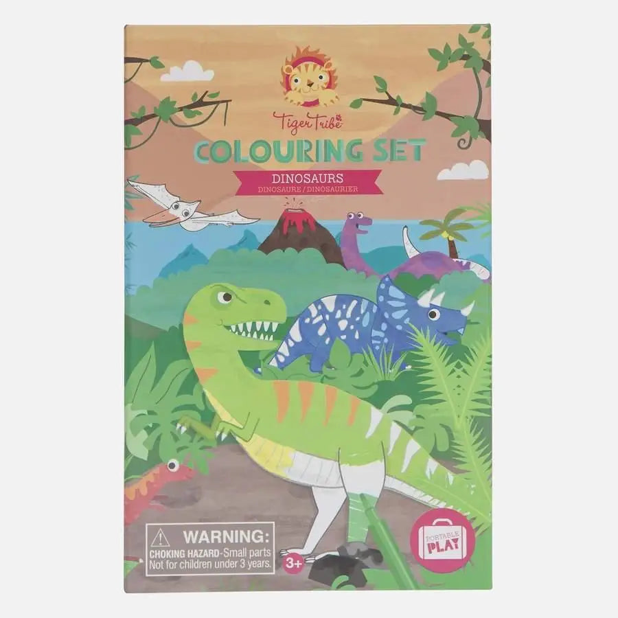 Dinosaur-themed coloring set for children featuring colorful prehistoric scenes.