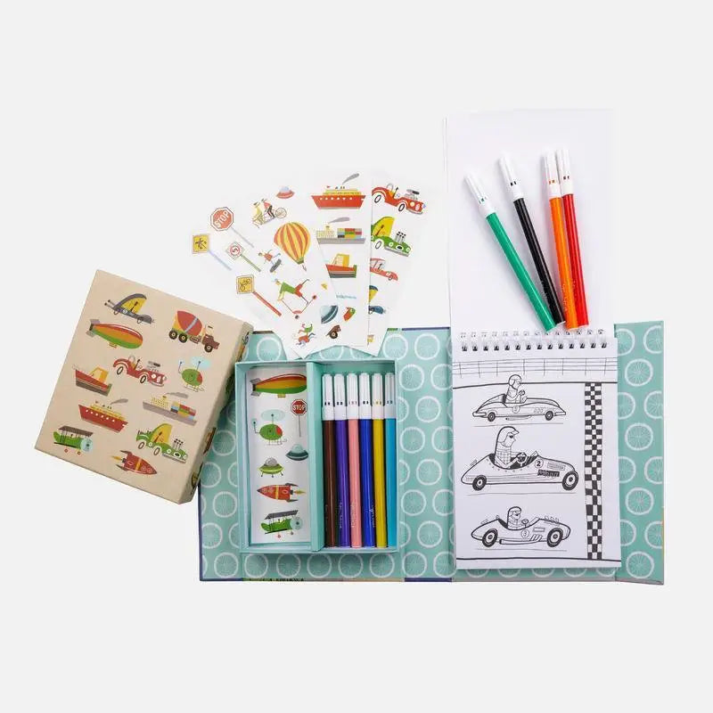 Children’s art and coloring set featuring stickers, colored pencils, markers, and a sketchbook with car designs.