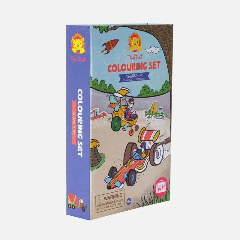 Colorful children’s coloring set box featuring a playful outdoor scene with vehicles.