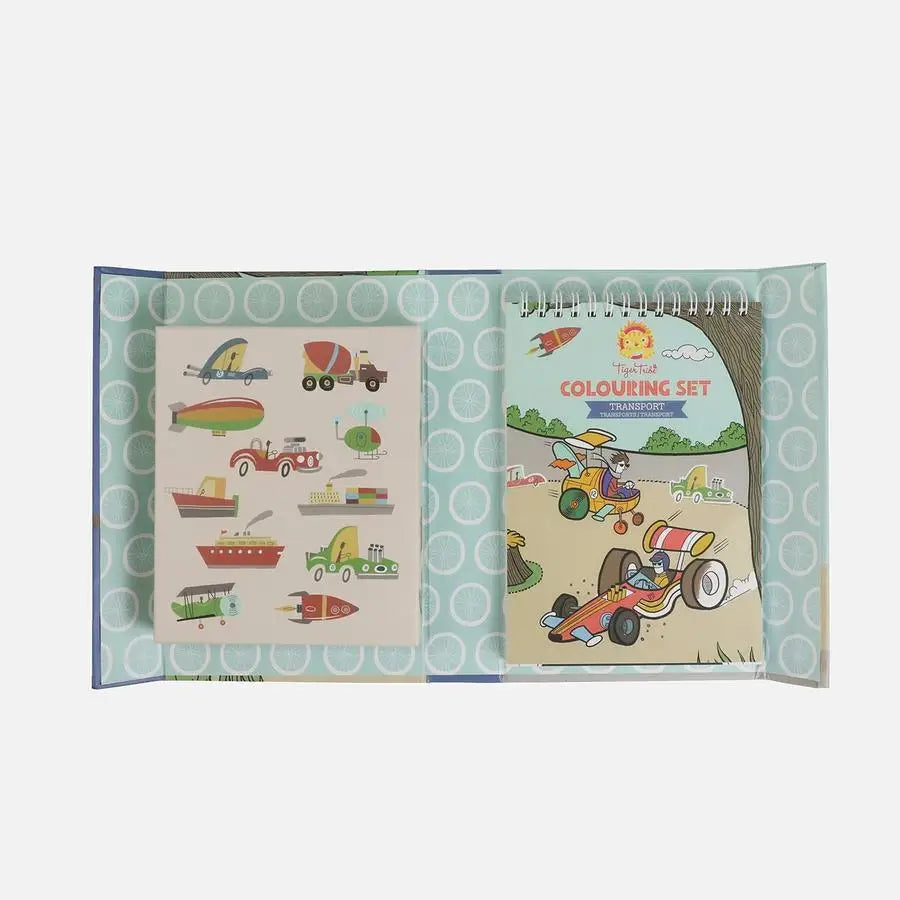 Children’s coloring set featuring various vehicles and transportation-themed illustrations.