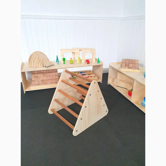 Wooden triangular climbing structure with ladder-like slats on its sides.