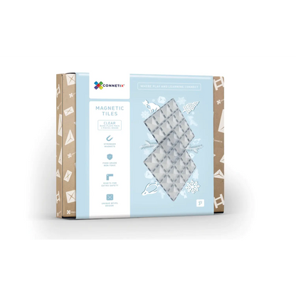 Packaged set of magnetic tiles for construction or play, featuring a light blue and white box design.