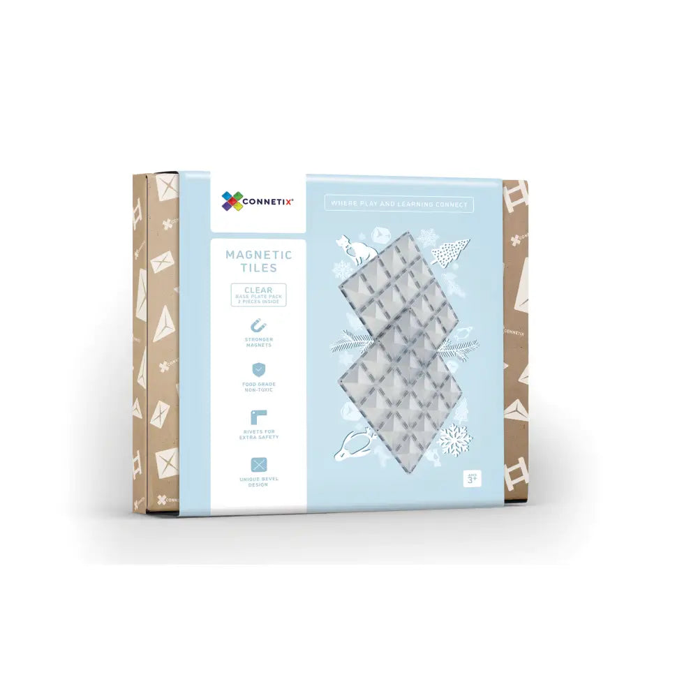 Packaged set of magnetic tiles for construction or play, featuring a light blue and white box design.