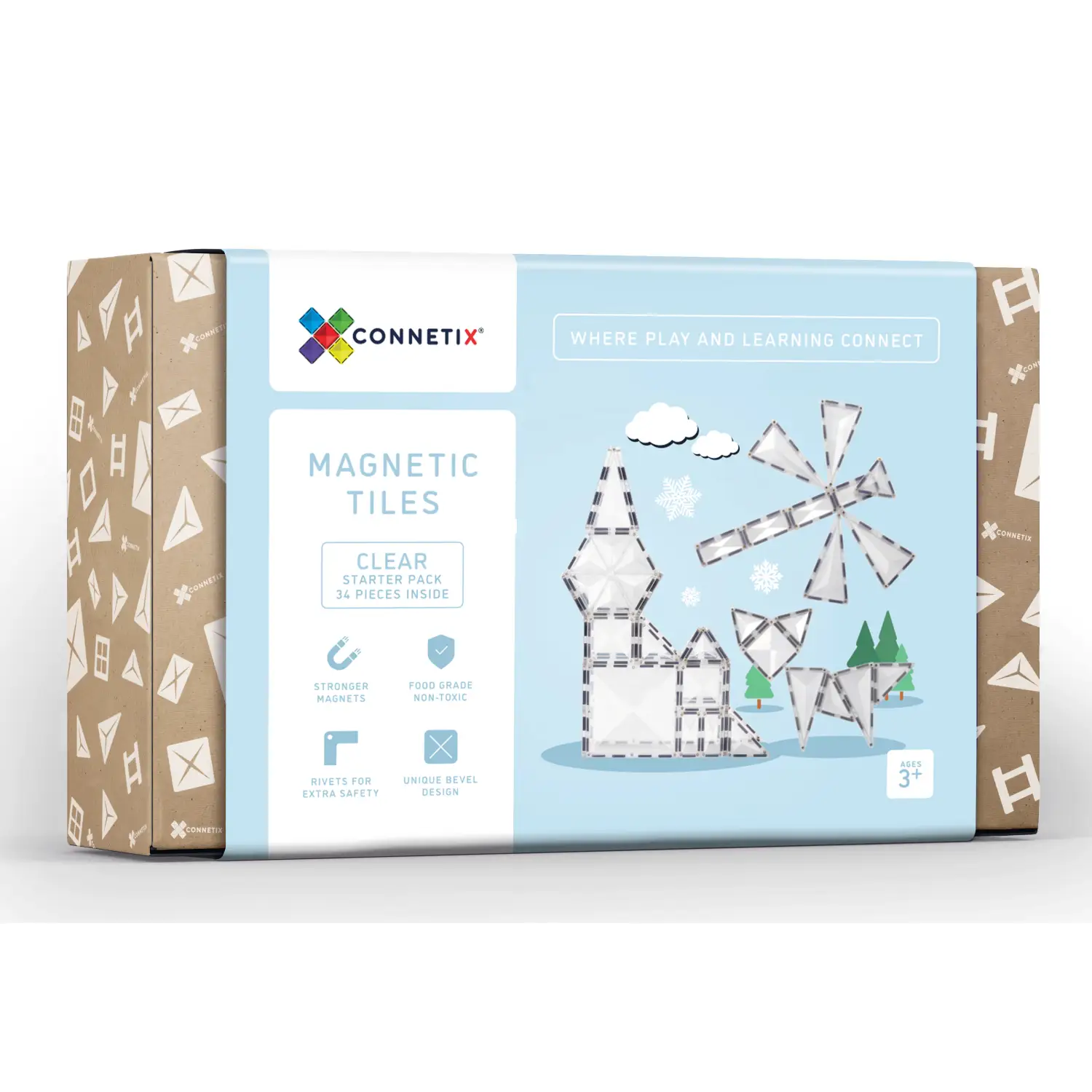 Box of Connetix magnetic tiles featuring a winter-themed design on the packaging.
