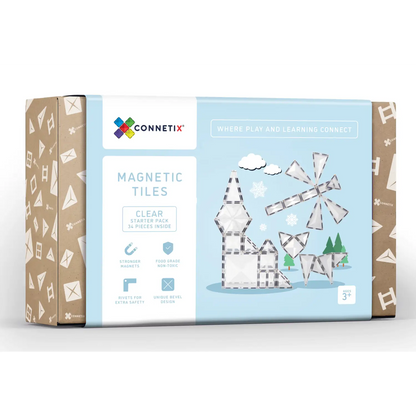 Box of Connetix magnetic tiles featuring a winter-themed design on the packaging.
