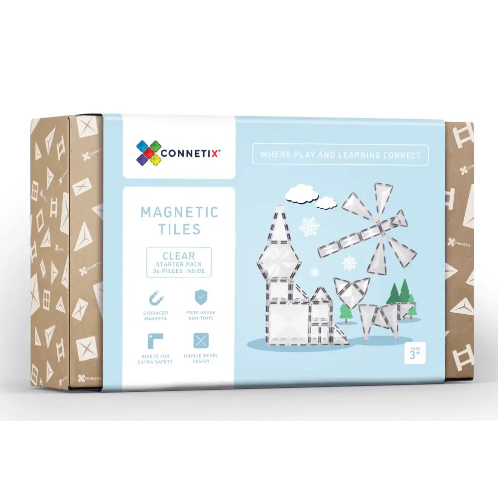 Box of Connetix magnetic tiles featuring a winter-themed design on the packaging.