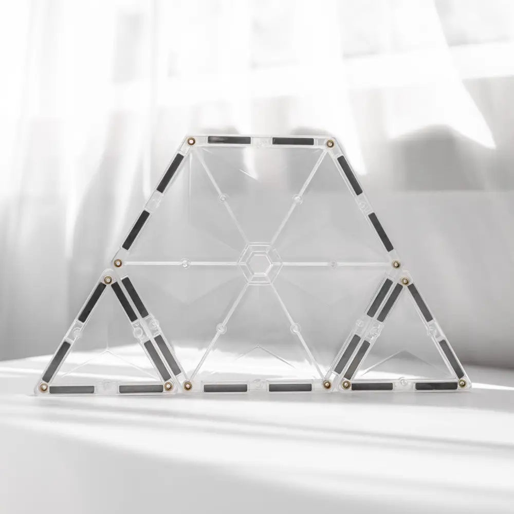 Triangular structure made of interconnected white rods and black segments.