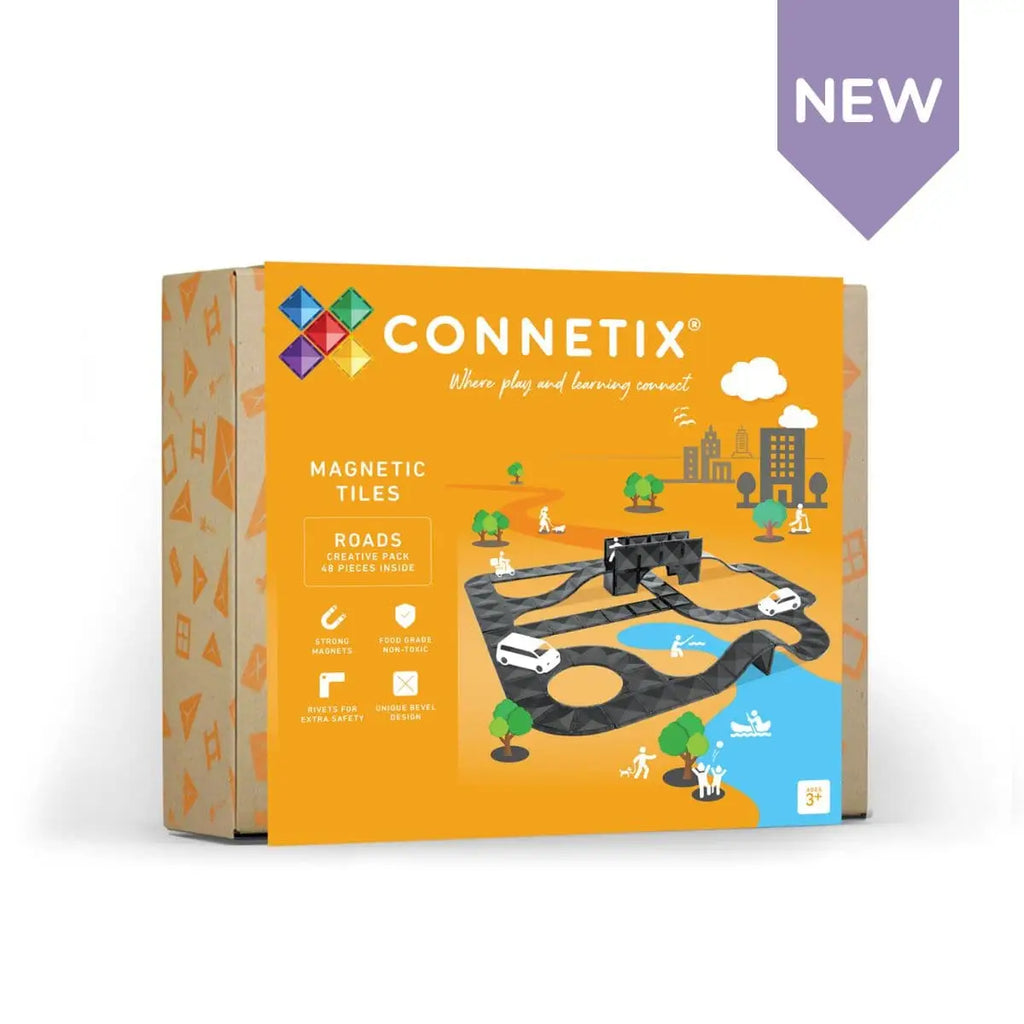 Product box for Connetix magnetic tiles featuring a road and city scene on the packaging.