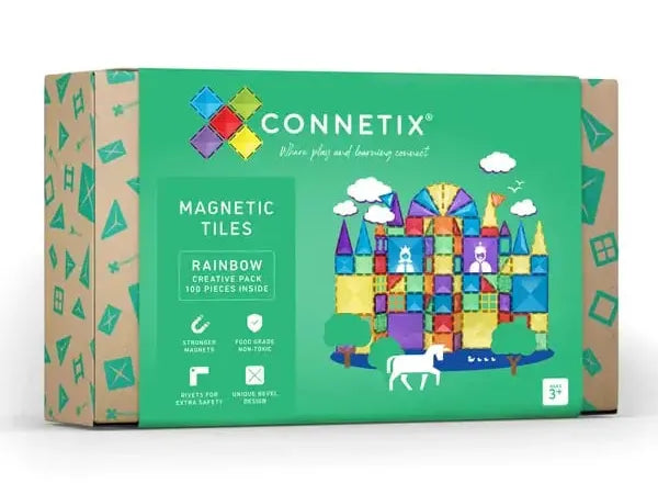 Colorful box of Connetix magnetic tiles featuring a rainbow castle design.