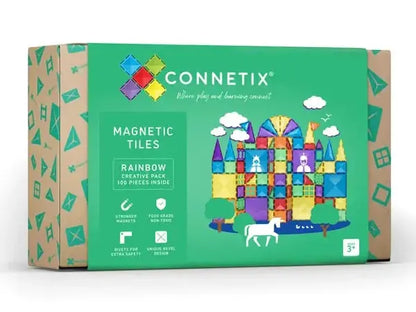 Colorful box of Connetix magnetic tiles featuring a rainbow castle design.