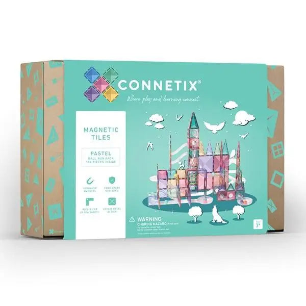 Box of Connetix magnetic tiles in pastel colors featuring a castle design on the packaging.