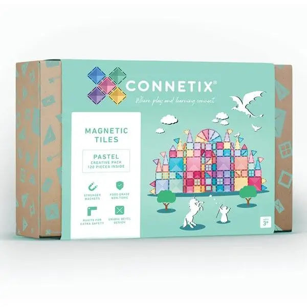 Box of Connetix magnetic tiles in pastel colors featuring a castle design with animals.