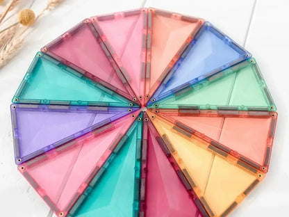 Circular arrangement of colorful triangular magnetic tiles forming a wheel-like shape.