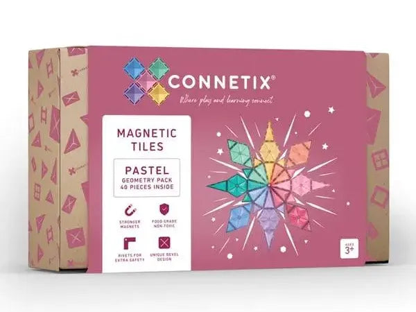 Box of Connetix magnetic tiles in pastel colors.