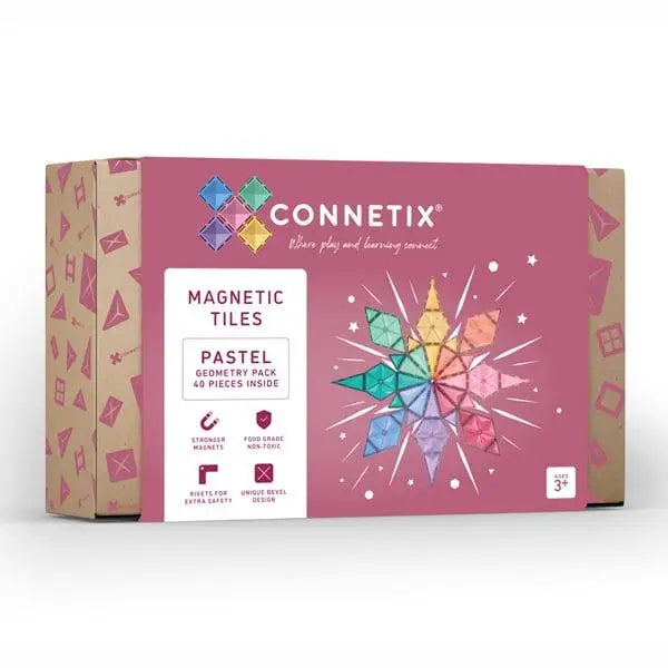 Box of Connetix magnetic tiles in pastel colors.