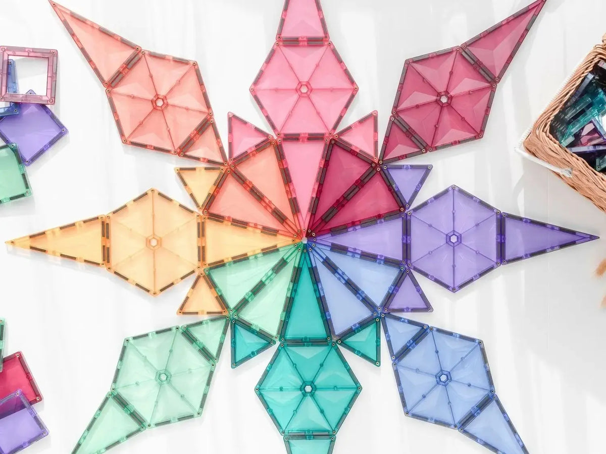 Colorful geometric star-shaped pattern made of triangular tiles arranged in a radial design.