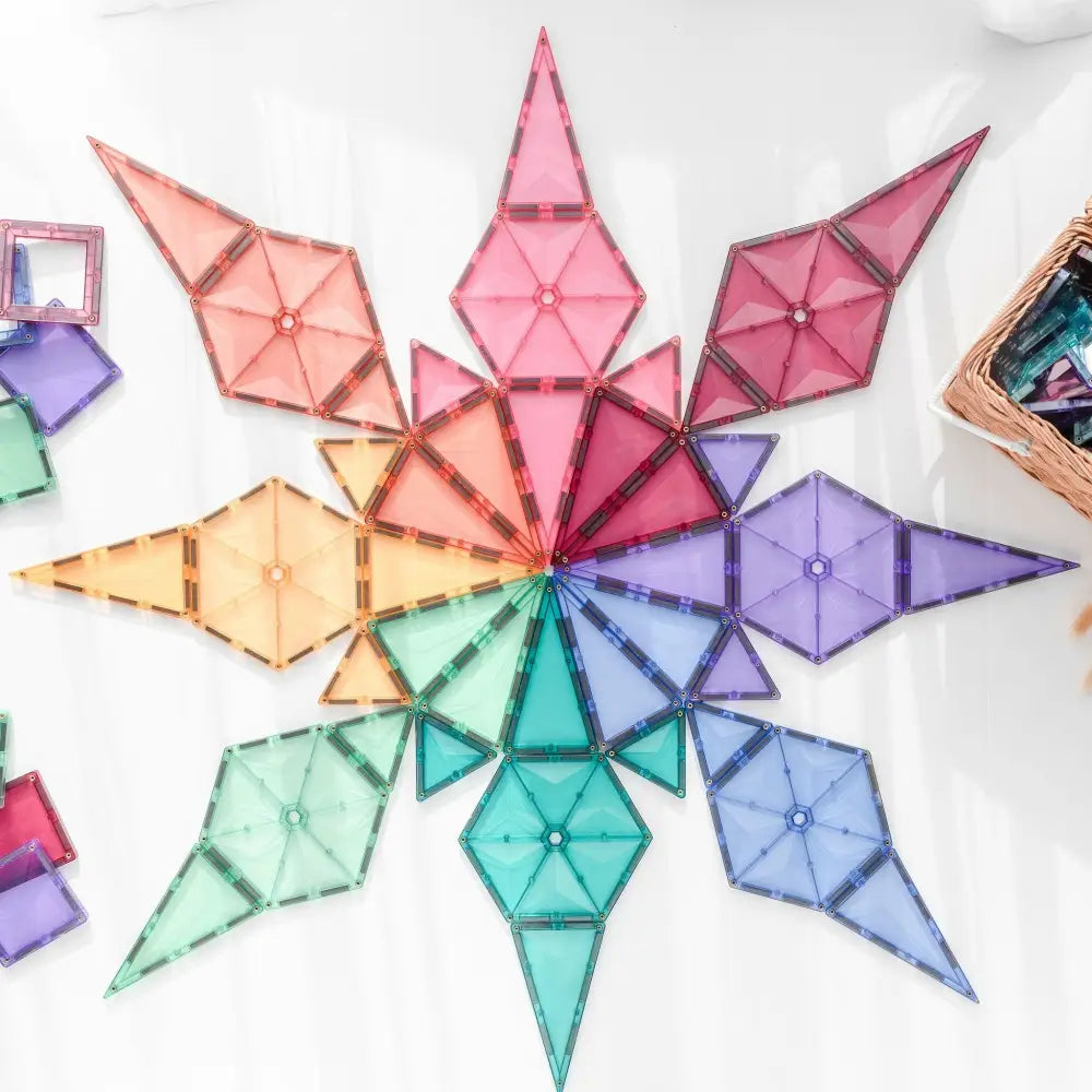 Colorful geometric star-shaped pattern made of triangular tiles arranged in a radial design.