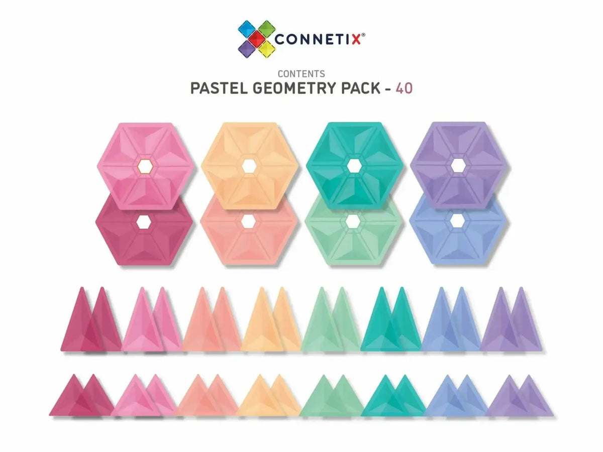 Pastel-colored geometric shapes including hexagons and triangles arranged in rows.