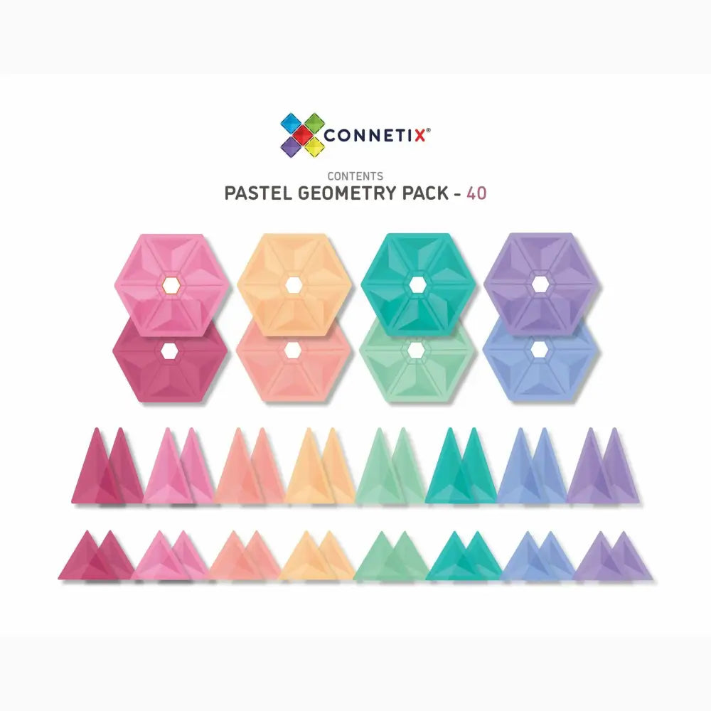 Pastel-colored geometric shapes including hexagons and triangles arranged in rows.