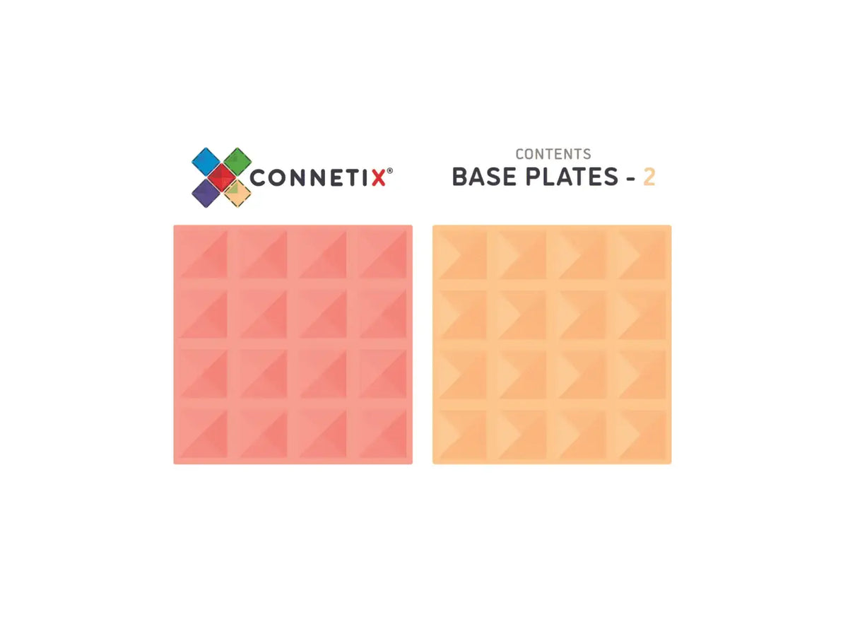 Two square textured base plates in coral pink and peach colors from the Connetix brand.