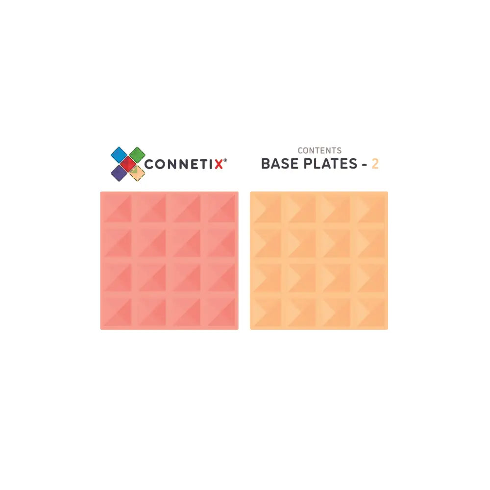 Two square textured base plates in coral pink and peach colors from the Connetix brand.