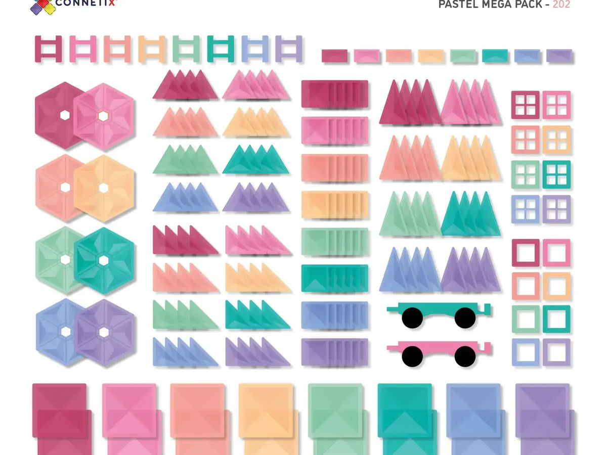 Collection of colorful geometric shapes and elements in pastel tones, arranged neatly as a design resource pack.