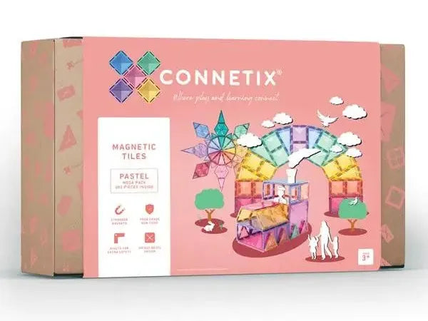 Colorful toy packaging box for Connetix magnetic tiles in pastel colors.