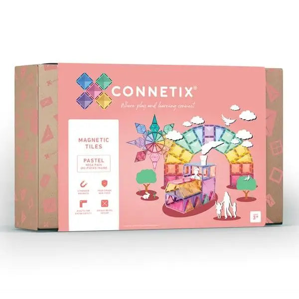 Colorful toy packaging box for Connetix magnetic tiles in pastel colors.