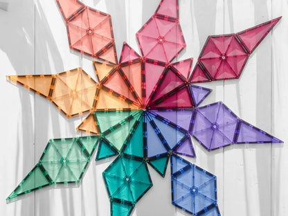 Colorful geometric star-shaped design made of folded paper triangles arranged in a circular pattern.