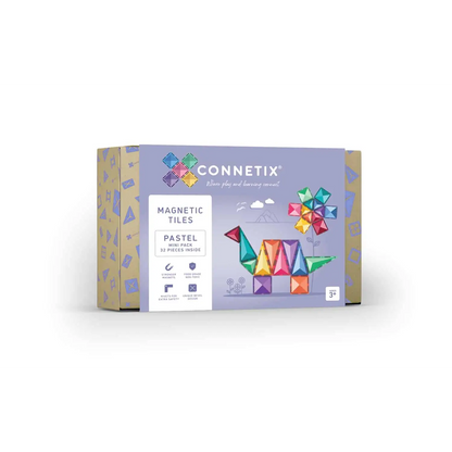 Box of Connetix magnetic tiles in pastel colors featuring a dinosaur design on the packaging.