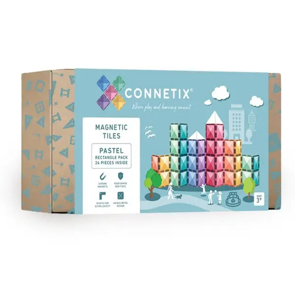 Colorful magnetic tile building set called ’Connetix’ in pastel colors.