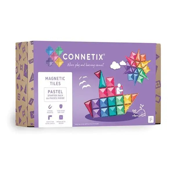 Connetix magnetic tiles set in pastel colors packaged in a purple and kraft paper box.