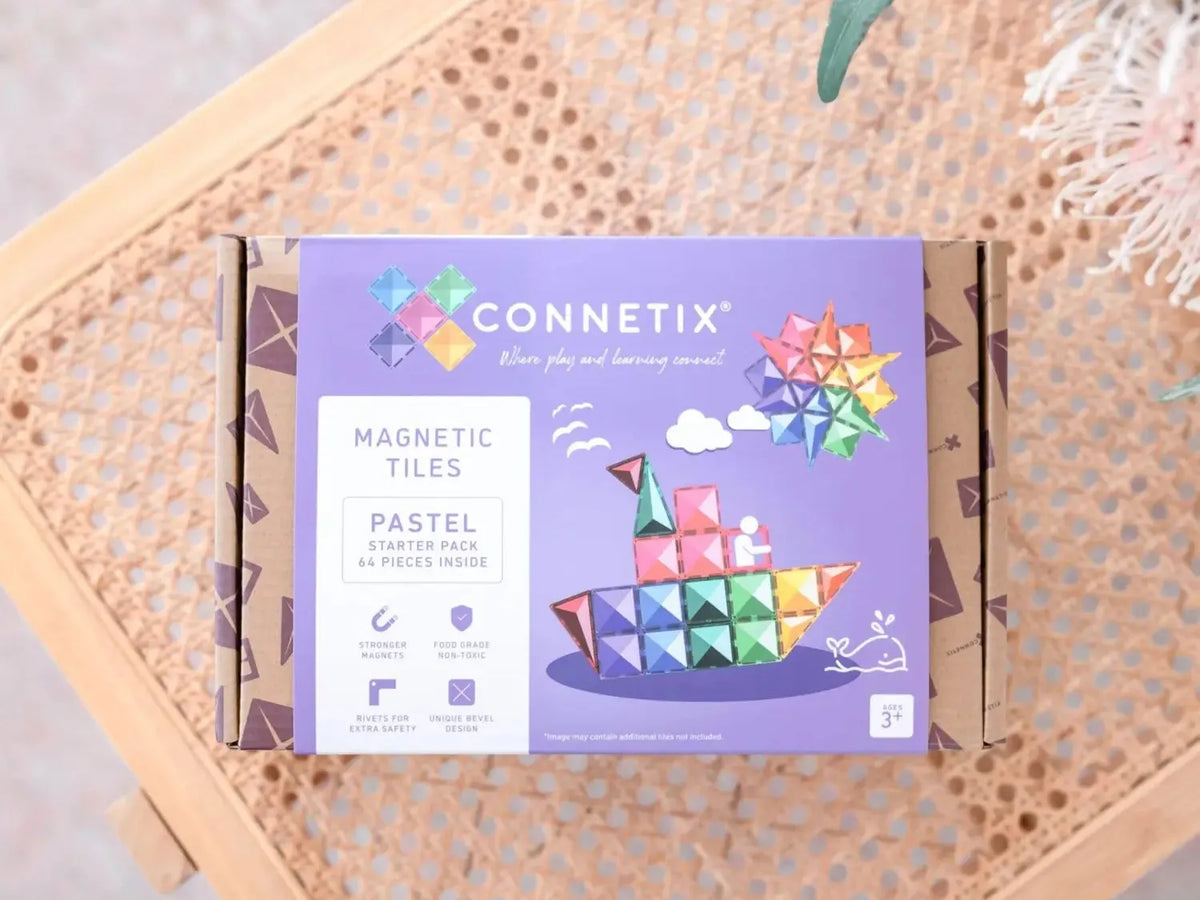 Connetix magnetic tiles toy set in pastel colors packaged in a purple box.