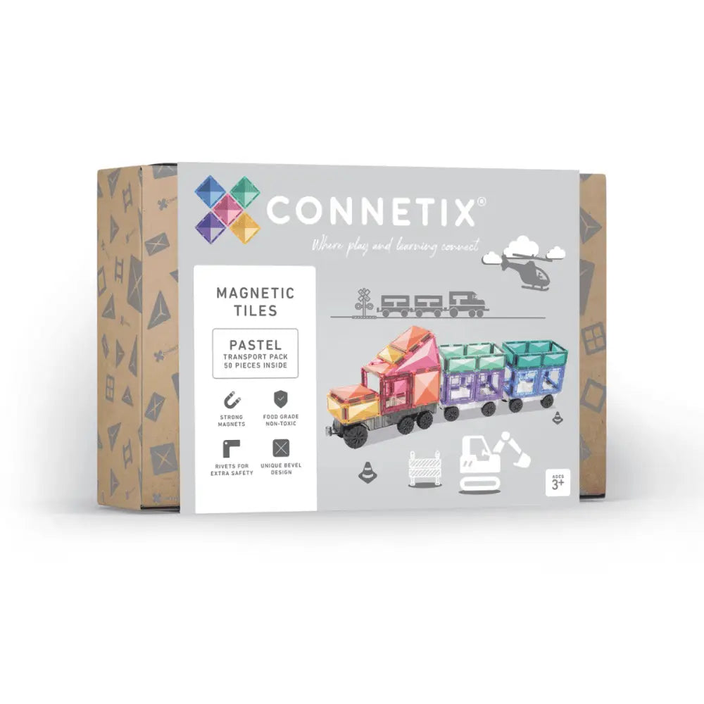 Box of Connetix magnetic tiles in pastel colors featuring a train design on the packaging.