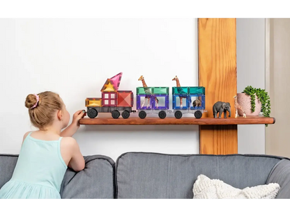 Colorful wooden toy train with various shapes and animals on a shelf.