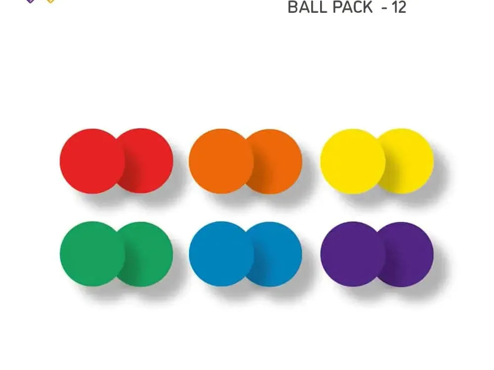 Set of twelve colorful foam balls in six rainbow colors arranged in pairs.