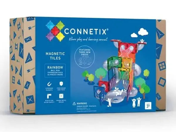 Colorful box packaging for Connetix magnetic tiles toy set featuring rainbow colors and a castle design.