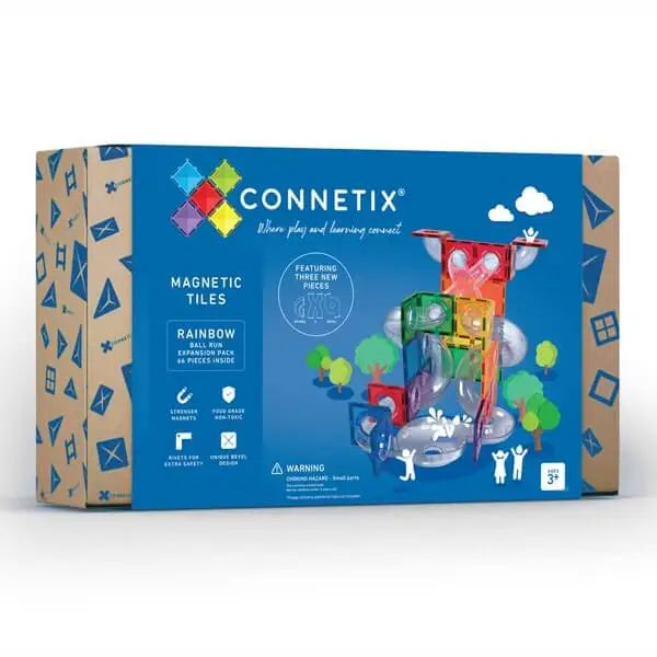 Colorful box packaging for Connetix magnetic tiles toy set featuring rainbow colors and a castle design.