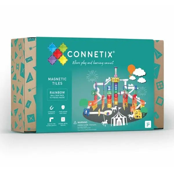 Colorful box for Connetix magnetic tiles featuring a whimsical cityscape design.