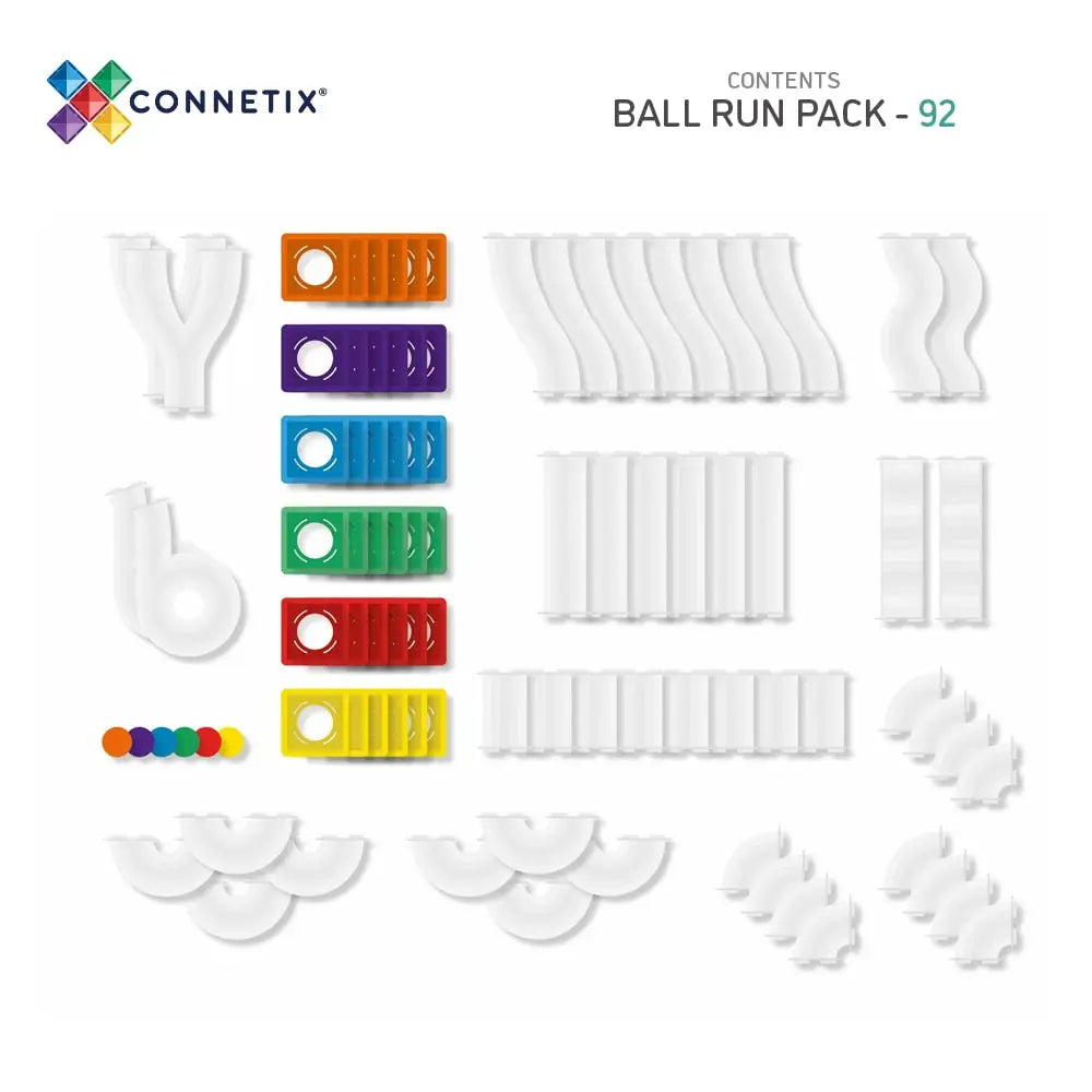 Ball run construction set with colorful track pieces and white connectors.