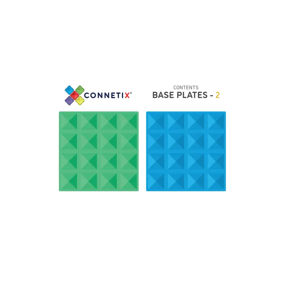 Two square base plates with geometric pyramid patterns in green and blue colors.