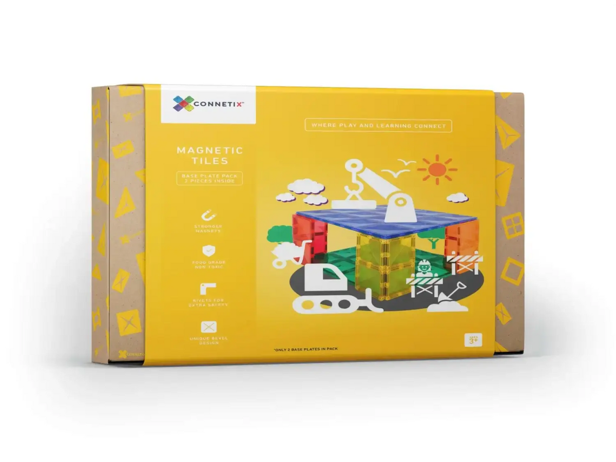Yellow product box featuring a colorful toy construction set illustration on the front.