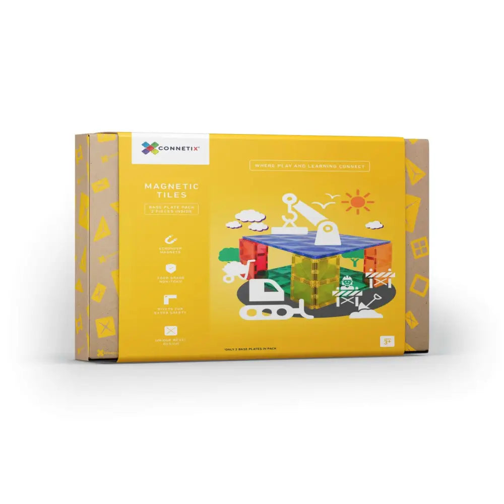 Yellow product box featuring a colorful toy construction set illustration on the front.