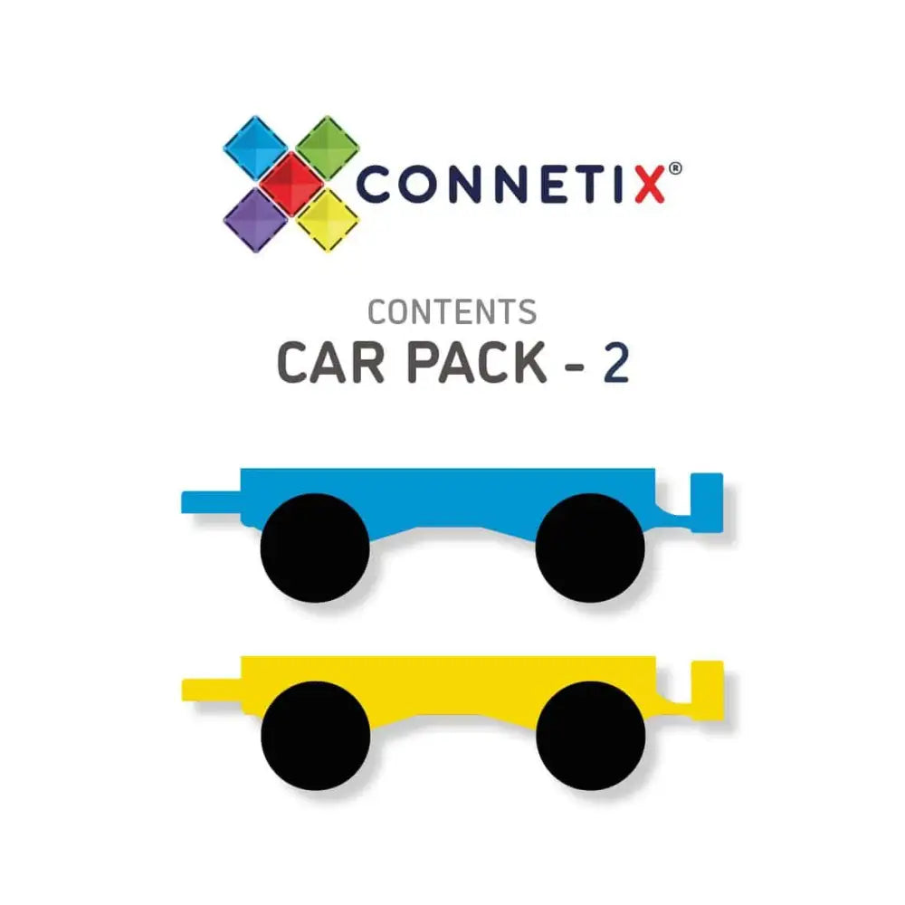 Colorful logo and product image for Connetix Car Pack - 2, showing simplified blue and yellow car shapes.