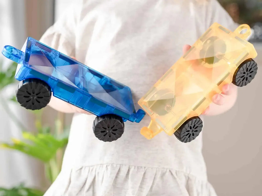 Two colorful plastic toy cars with wheels, one blue and one yellow.