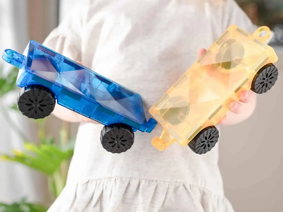 Two colorful plastic toy cars with wheels, one blue and one yellow.