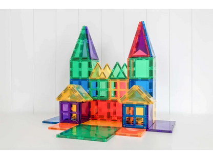 Colorful magnetic building tiles assembled into a castle-like structure.