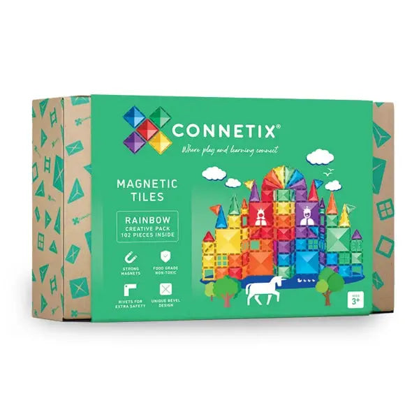 Colorful magnetic tile building set called Connetix in a cardboard box packaging.