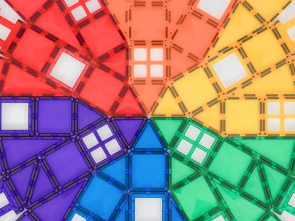 Colorful geometric magnetic tiles arranged in a circular rainbow pattern.