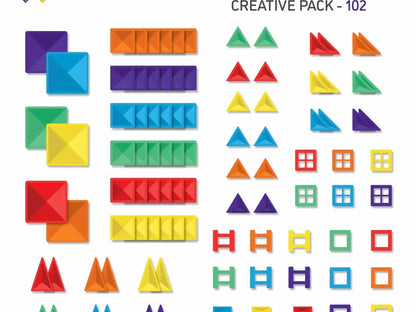Colorful geometric shapes and pieces from a creative building set or educational toy.